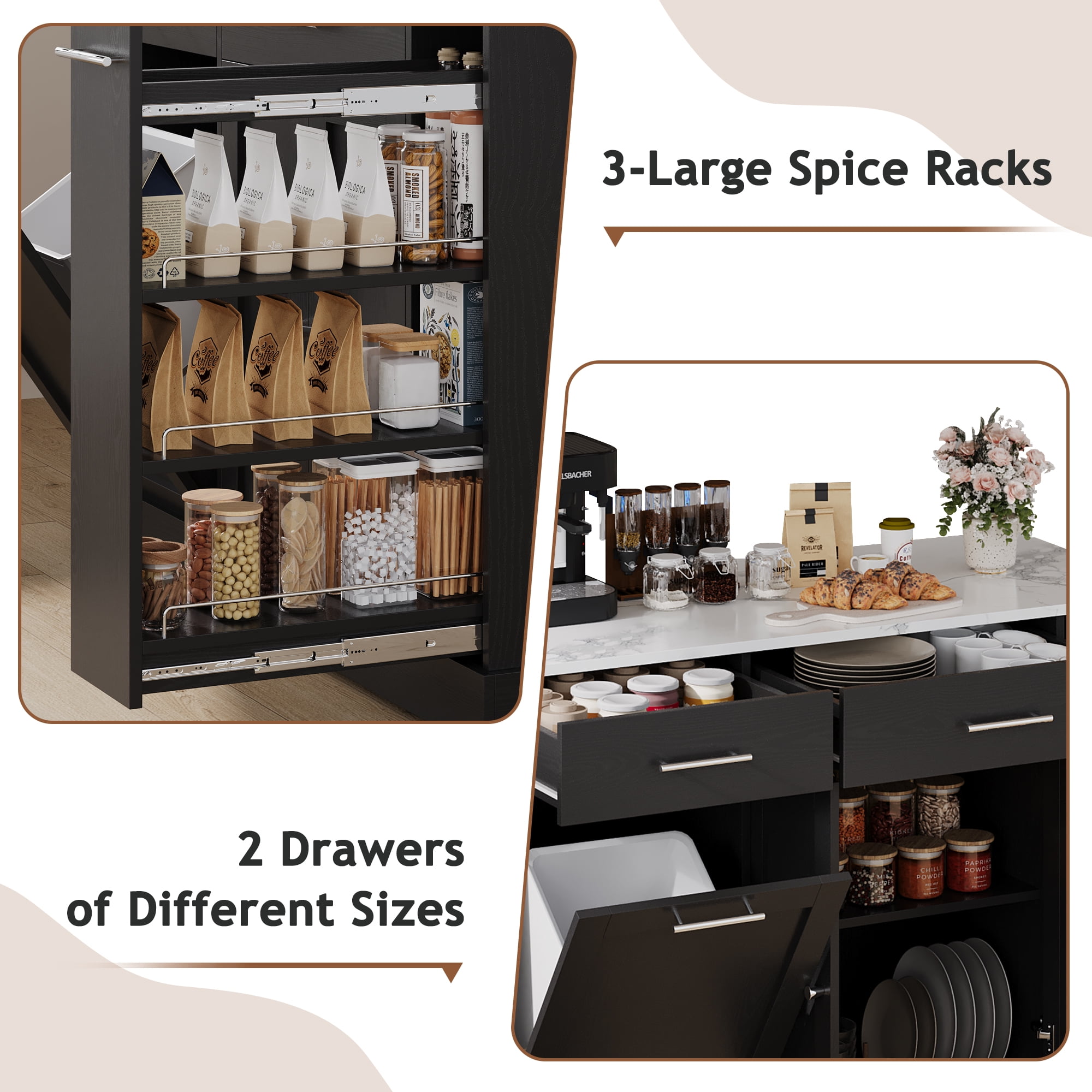 DreamCurship 52" Kitchen Island with Storage, Rolling Kitchen Cart Island with Wheels, Tilt Out Kitchen Trash Cabinet 10 Gallon Storage, 3 Large Spice Racks and 2 Drawers, Black and Marble
