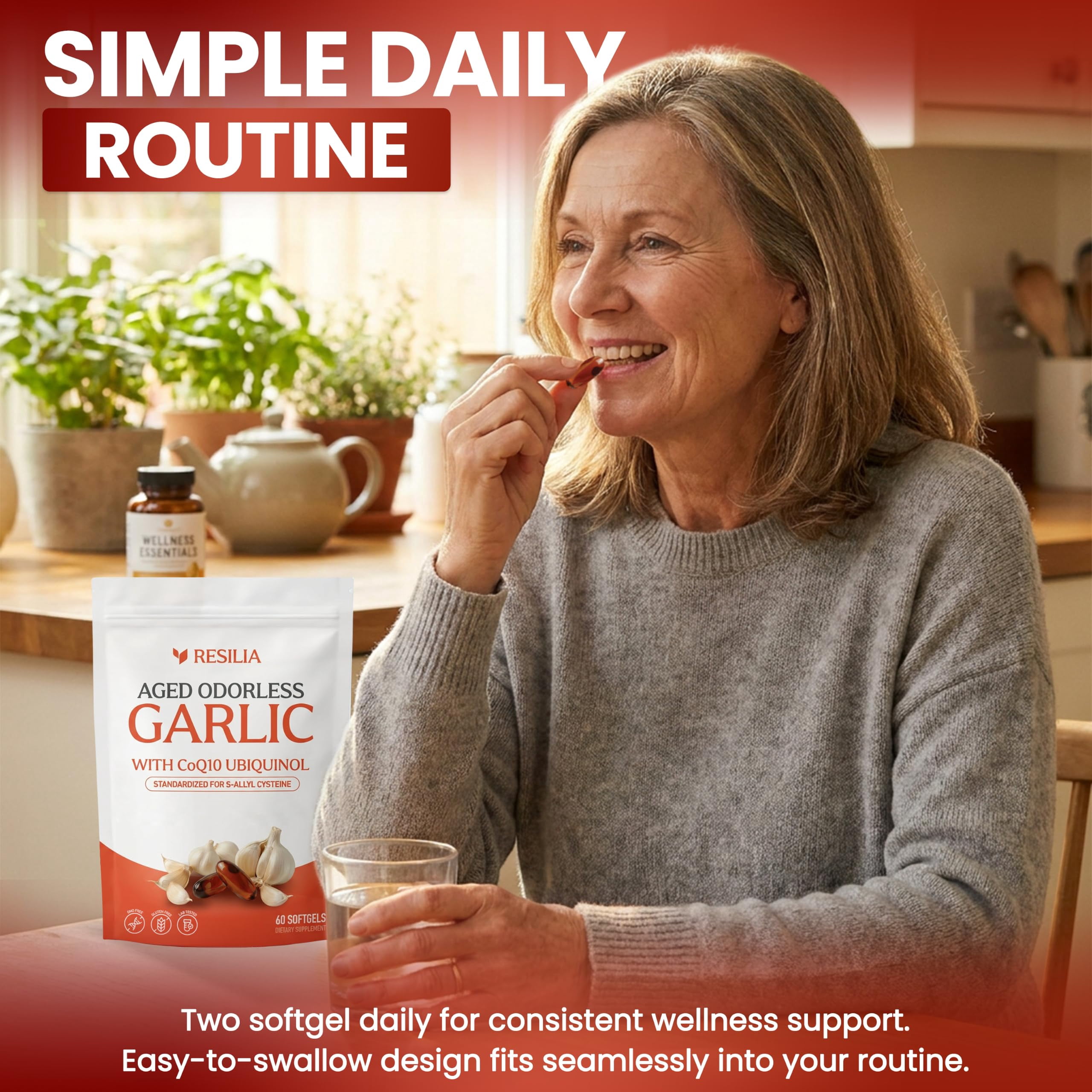 Resilia Odorless Aged Garlic Extract Softgels 600mg with CoQ10 Ubiquinol & Vitamin K2 MK-7, 60 Softgels