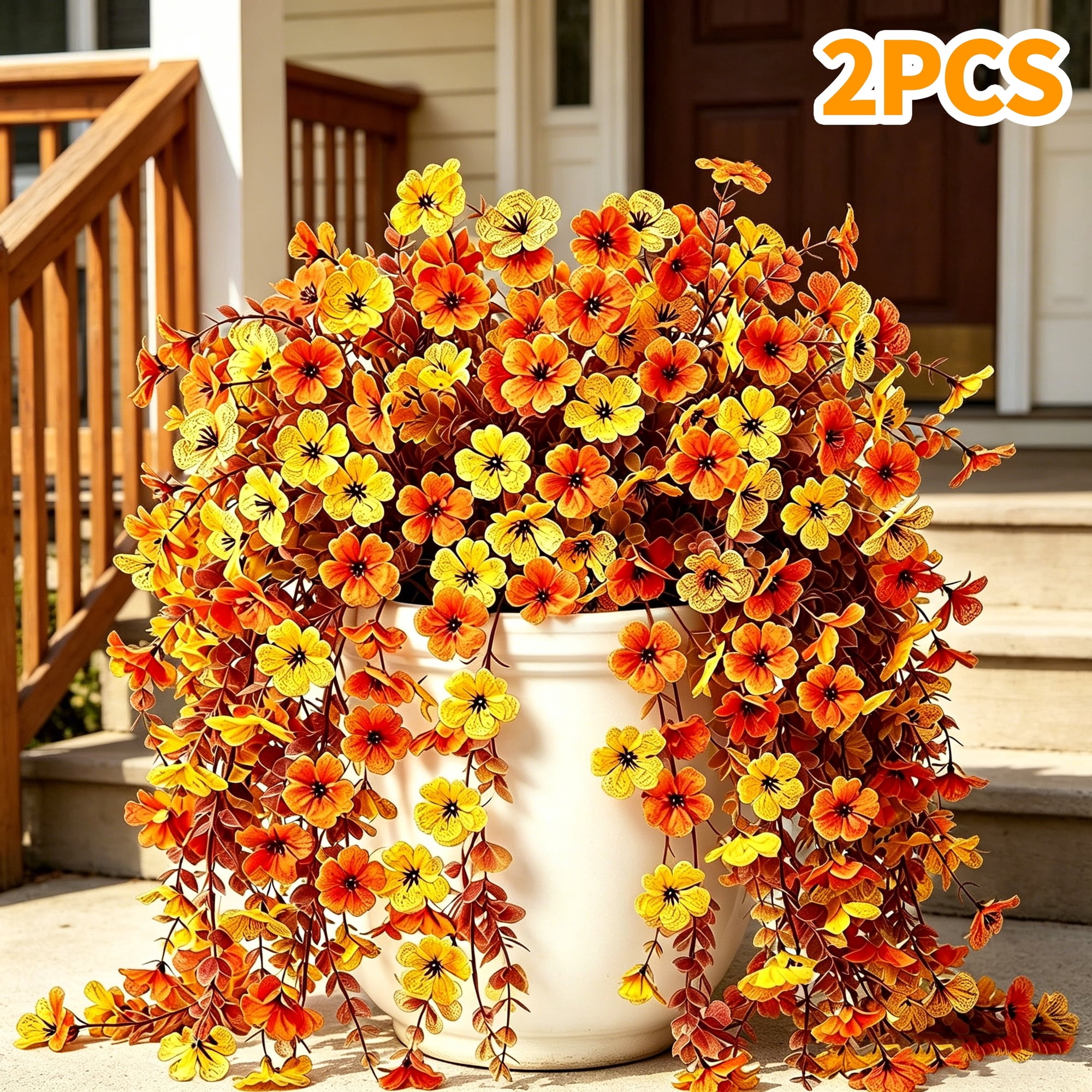 Hyindoor 2PCS Artificial Fake Hanging Flowers for Outdoors Decoration, 132 Bifurcations Faux Silk Daisy with Eucalyptus Leaves, UV Resistant No Fade Decorations for Indoor Outdoor (Orange Yellow)
