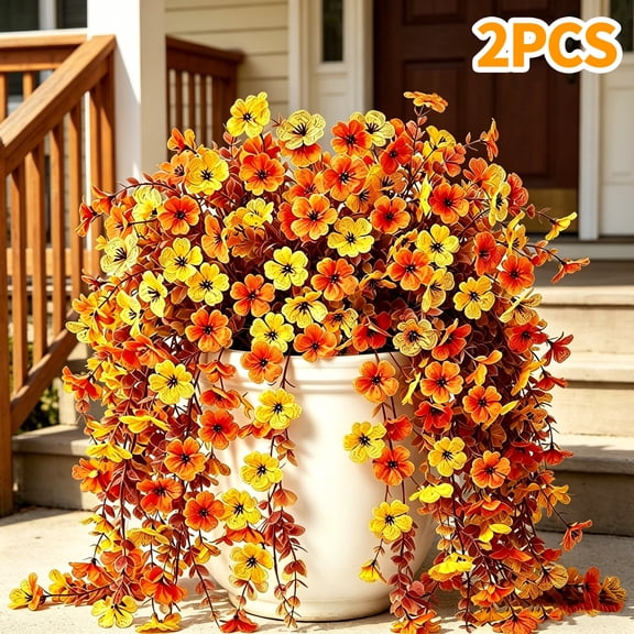 Hyindoor 2PCS Artificial Fake Hanging Flowers for Outdoors Decoration, 132 Bifurcations Faux Silk Daisy with Eucalyptus Leaves, UV Resistant No Fade Decorations for Indoor Outdoor (Orange Yellow)