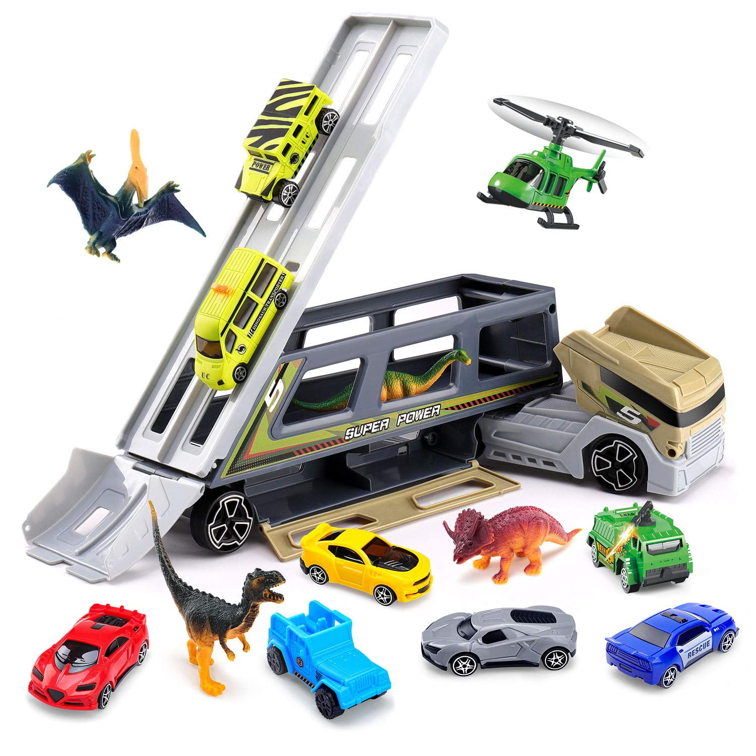 Transporter Toy Truck Carrier Set with Cars, Helicopters, and Animals