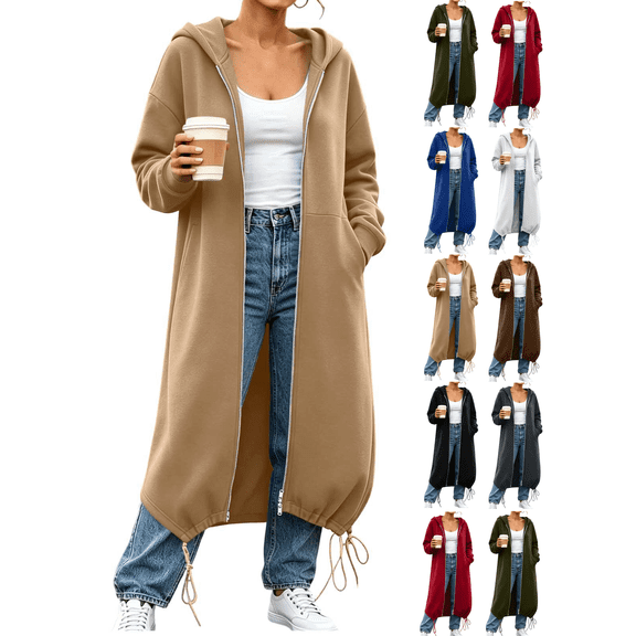 Womens Long Zip Up Hoodies Sweatshirt Solid Color Long Jacket Oversized Long Sleeve Warm Coats with Pockets Fashion Fall Winter