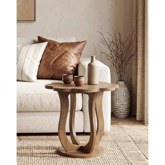 Tribesigns Flower-Shaped Side Table, 25.6" Sturdy Wood Pedestal Nightstand for Living Room, Bedroom, Brown