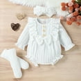 thumbnail image 3 of Efsteb Newborn Toddler Baby Girls Romper Casual Long Sleeve Solid Color Round Neck Jumpsuit Romper with Headband (White,6-9 Months), 3 of 8