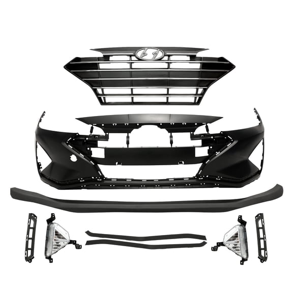 HOUGEET Front Bumper Cover Set Fit for Hyundai Elantra Sedan 2019 2020, With Upper Grill and Fog Lamp, Unpainted Black Bumper Kit, 86511F3500 86511F2AA0 (9 PCS)
