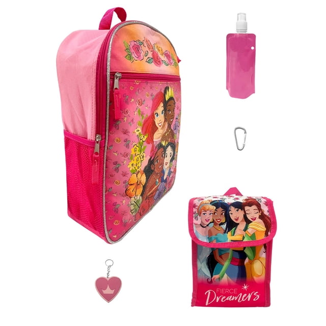 Set 5 Piezas Mochila Escolar Princesas 16 Pulgadas Bolsillo Frontal Y Laterales