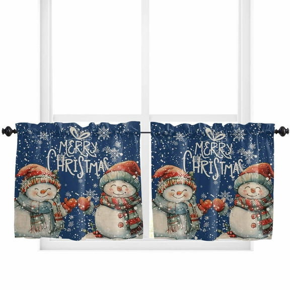 Blue Christmas Kitchen Curtain 2 Panels Tiers Curtains 36 Inch Length, Xmas Snowman Snowflake Vintage Curtains Rod Pocket Curtains Window Drapes Treatment Window Cafe Curtains