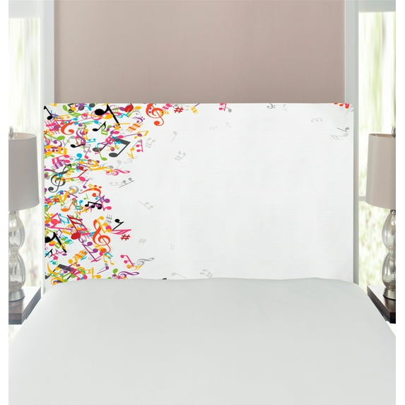 Music Headboard, Colorful Musical Notes Frame Festival Singing Enjoyment Fashion Themed Print, Upholstered Decorative Metal Bed Headboard with Memory Foam, Twin Size, Multicolor, by Ambesonne