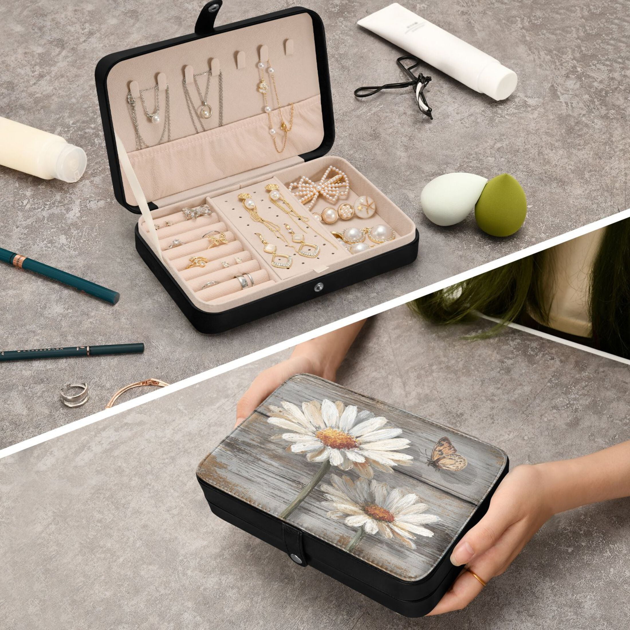 Leather Jewelry Box Travel Jewelry Storage Earrings Necklace Bracelet Watch Brooch Storage White Chrysanthemum Beautiful