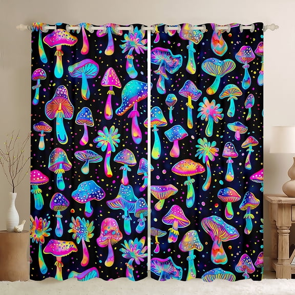 Homewish Neon Cartoon Mushroom Curtains Pack of 2 (42x84 Each),Colorful Polka Dots Curtains Blackout,Blue Pink Black Bedroom Curtains For Girls Kids,Super Cozy Room Decor