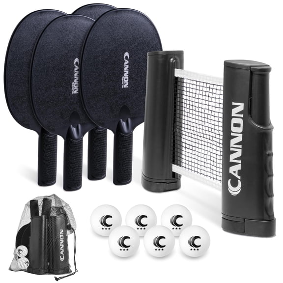 Cannon Sports Table Tennis Set – 4 Unbreakable Paddles, 6 3-Star Balls, Retractable Net & Carry Bag – Clamp-On Portable Ping Pong Net Fits Tables up to 2 Inch Thick, Extends to 6 Feet (Black)