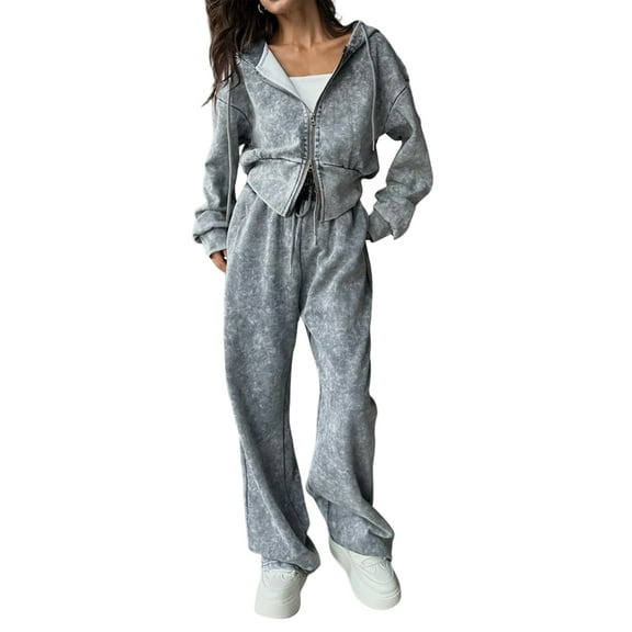 Womens 2 Piece Velour Tracksuit Two Piece Soft Velvet Hooded Sweatsuits for Women Lounge with Pockets Grey M