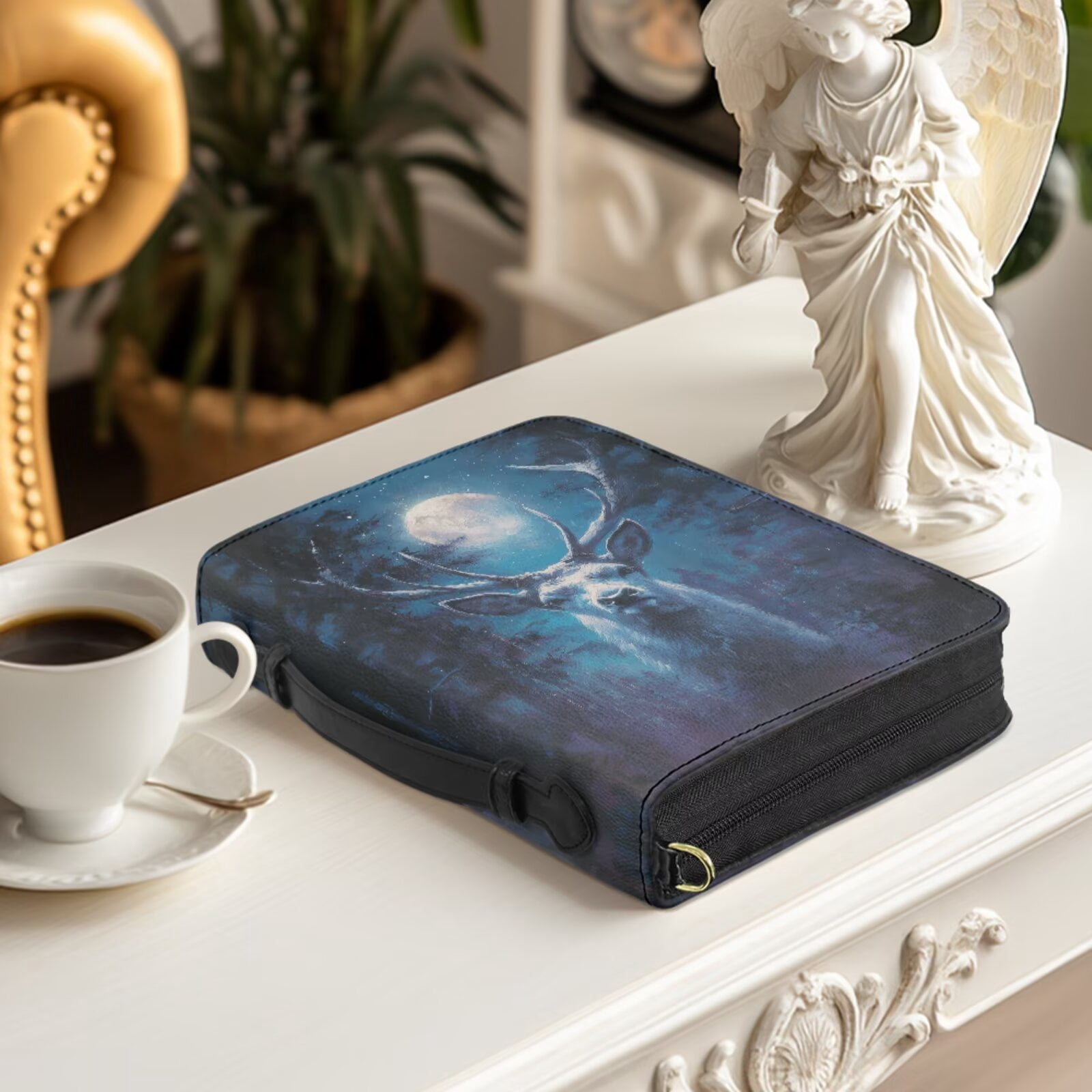 Kuiaobaty Deer Moon Print Bible Cover for Women Men Church Bible Bag Church Bag with Leather Bookmark Lightweight Bibles Study Accessories with Handle for Church, Blue