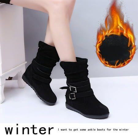 

Women Buckle Keep Toe Shoes Snow Booties Warm Middle Strap Color Round Solid Flat Retro Women s Boots