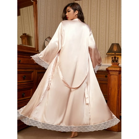 

Apricot Elegant Women s Plus 1pc Satin Contrast Lace Belted Night Robe 5XL(22) Y22001D