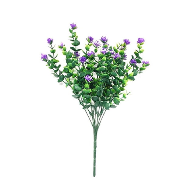 Kearding Plantas verdes de plástico respetuosas con el medio ambiente para cualquier ocasión Ramo de eucalipto de siete puntas Plantas verdes Flores artificiales púrpura