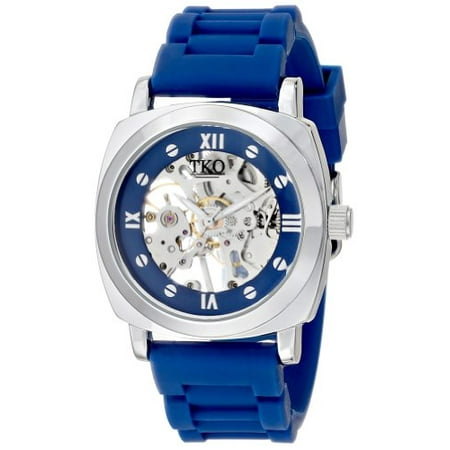 Silver See Through Mechanical Skeleton Hand Wind Up Roman Numeral Blue Rubber Band Watch