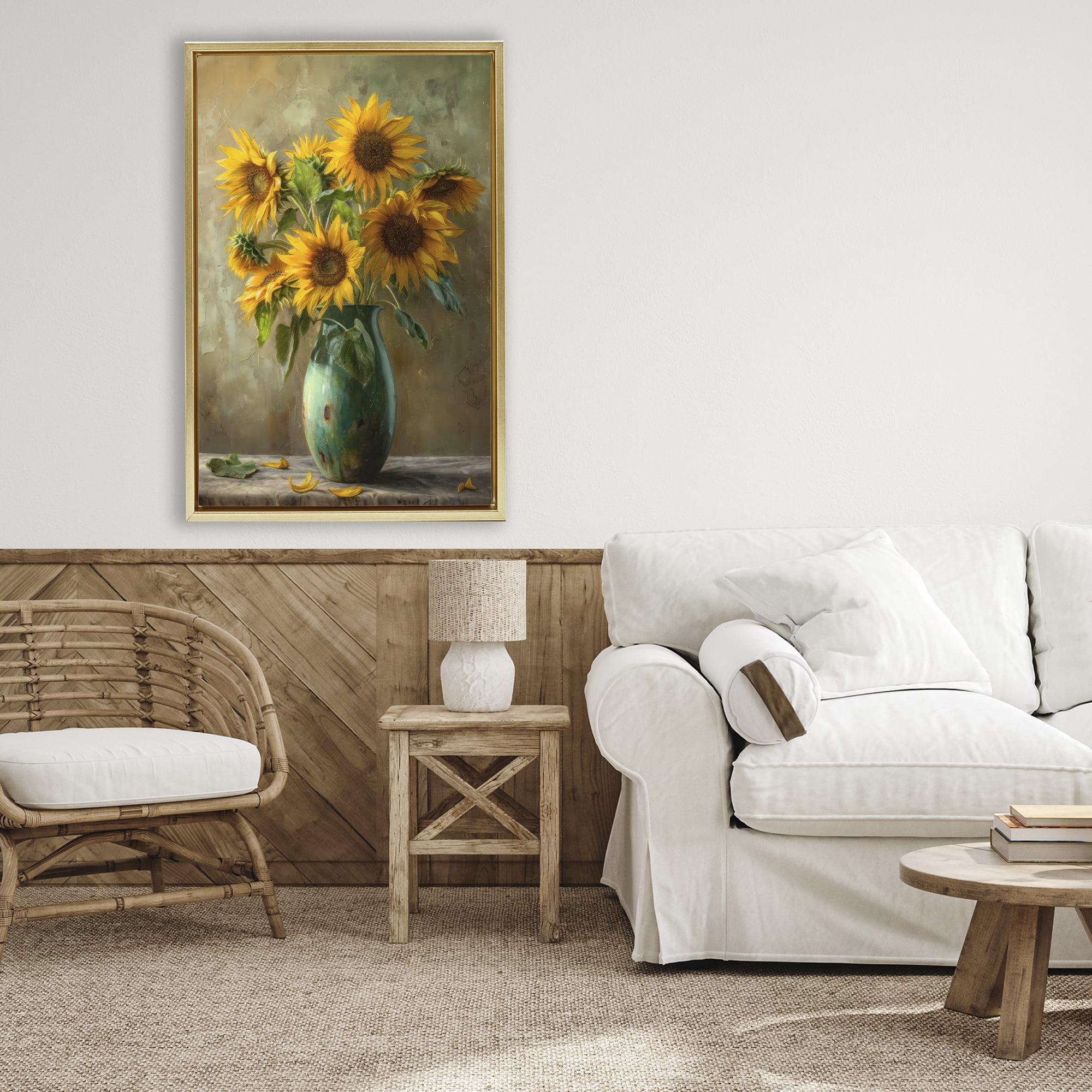 Stupell Industries Moody Sunflower Vase Gold Framed Floater Canvas Wall Art, design by Creative Studio