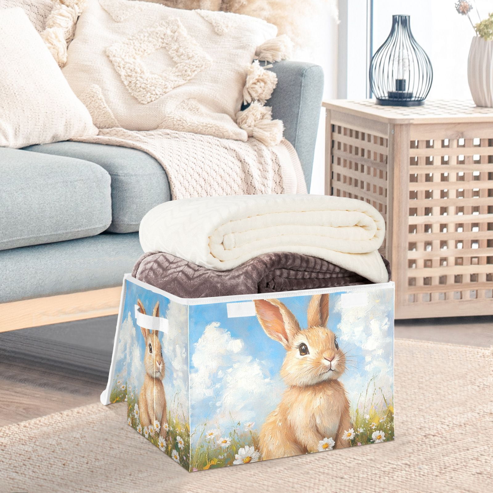 Easter Rabbit Flowers Storage Basket for Shelves Foldable Container Organizer for Organizing Toys Clothes Books with Handles