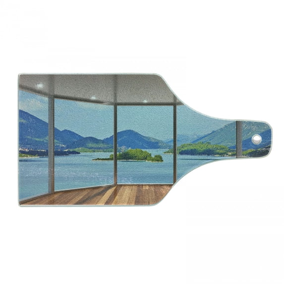 Seascape Cutting Board, Beach Seaside Hills Trees View from Window Illustration Summer Exotic Outdoorsy, Decorative Tempered Glass Cutting and Serving Board, in 3 Sizes, by Ambesonne