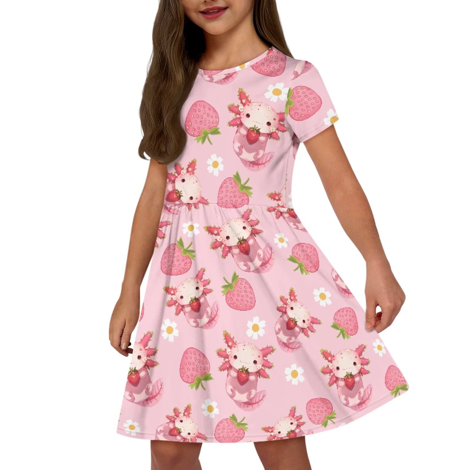 Uourmeti Girls Axolotl Dress Size 5-6 Cute Short Sleeve Swing Dresses Strawberry Crew Neck Midi Dress Lightweight Loose Knee A-Line Dresses Casual Beach Dress