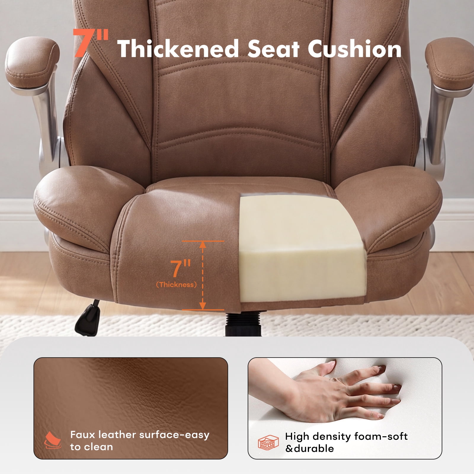 iooHug Big and Tall Office Chair 400lbs, Ergonomic Desk Chair with Lumbar Support, Flip-Up Arms, Faux Leather High Back Computer Chair for Home Office, Brown