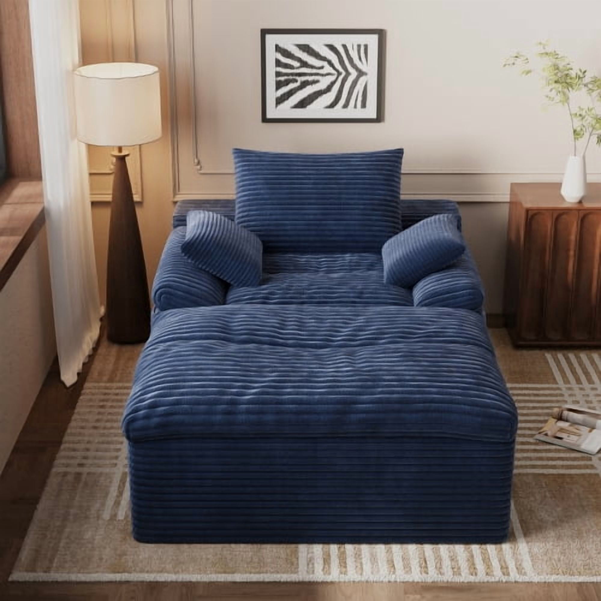 Leumius Oversized Chaise Lounge Chair Indoor,Corduroy Upholstered Sofa Bed with Deep Seat,Cozy Lounge Chair Sleeper Sofa for Living Room,Bedroom,No Assembly Required,Aged Blue