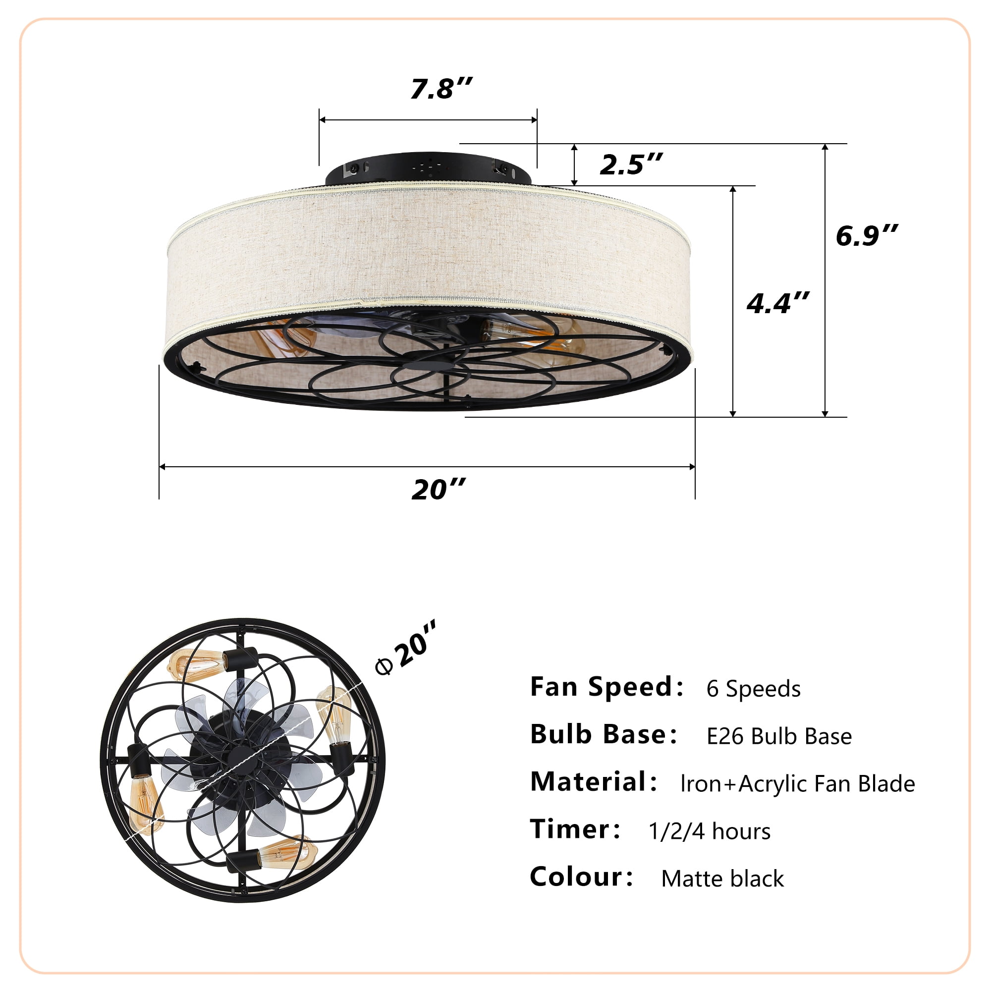 Leumius 20" Fabric Farmhouse Ceiling Fan with Light and Remote Control,Low Profile Modern Enclosed Ceiling Fans with Reversible Motor for Living Room,Bedroom,Kitchen (NOT Included Bulbs)