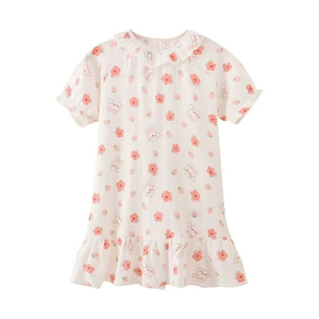 

XIEULQP Baby Girl Clothes Girl Rabbit Flower Print Dress Summer Short Sleeve Peplum Hemline Home Wear for 1 to 15 Years Summer Dress Other