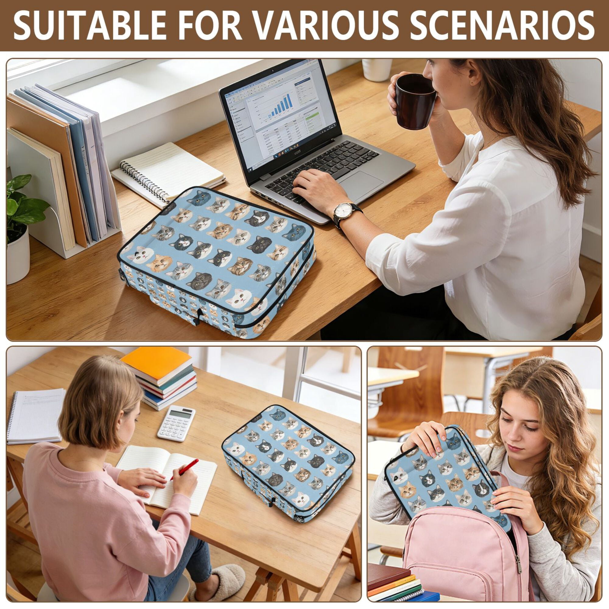 FORMRS Accordion File Folder A4 Size 7-Pocket Expanding Document Organizer Bag with 3 Ring Binder, Vibrant Cute Cat