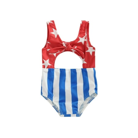 

Baby Girls Summer Independence Day Striped Swimsuit Patchwork Swimsuit Sleeveless Star Striped Swimsuit