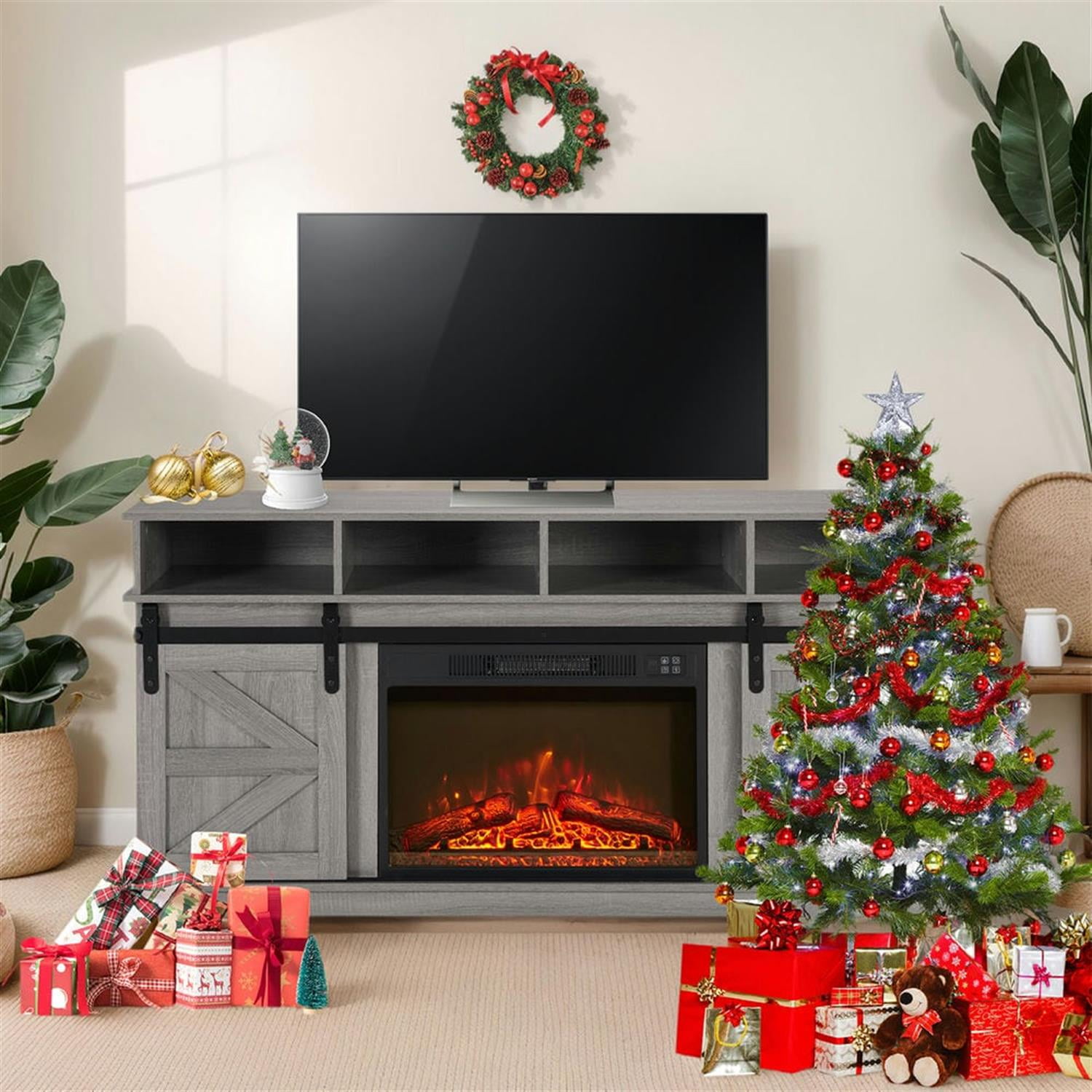 Demi Bonn Modern Farmhouse TV Media Stand for TV Up to 65'', Large Barn Inspired Home Entertainment Console with 23" Fireplace Insert, Open Shelves and Closed Cabinets, Gray