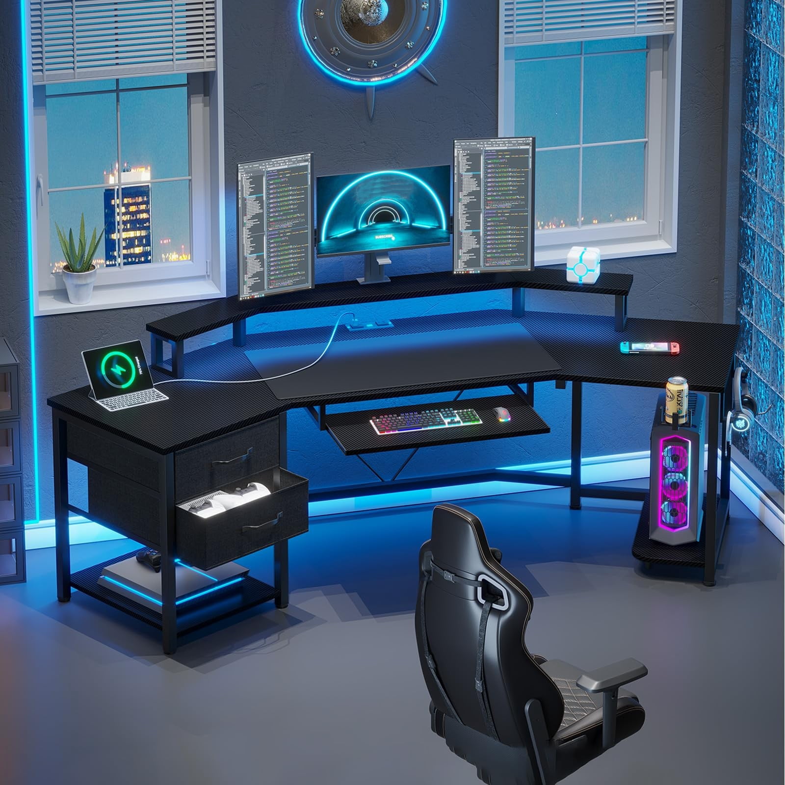 79" Gaming Desk, Computer Desk with 2 Fabric Drawers & LED Light, L Shaped Gaming Desk with Storage Shelf for Home Office, Carbon Fiber Black