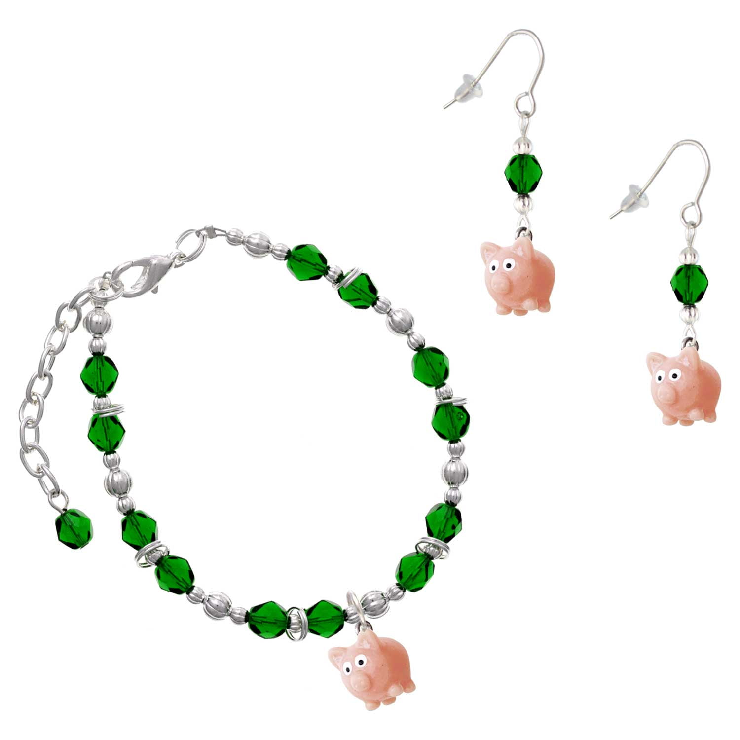 Delight Jewelry Green Beaded Bracelet and Earring Set featuring Resin Pink Pig Charms