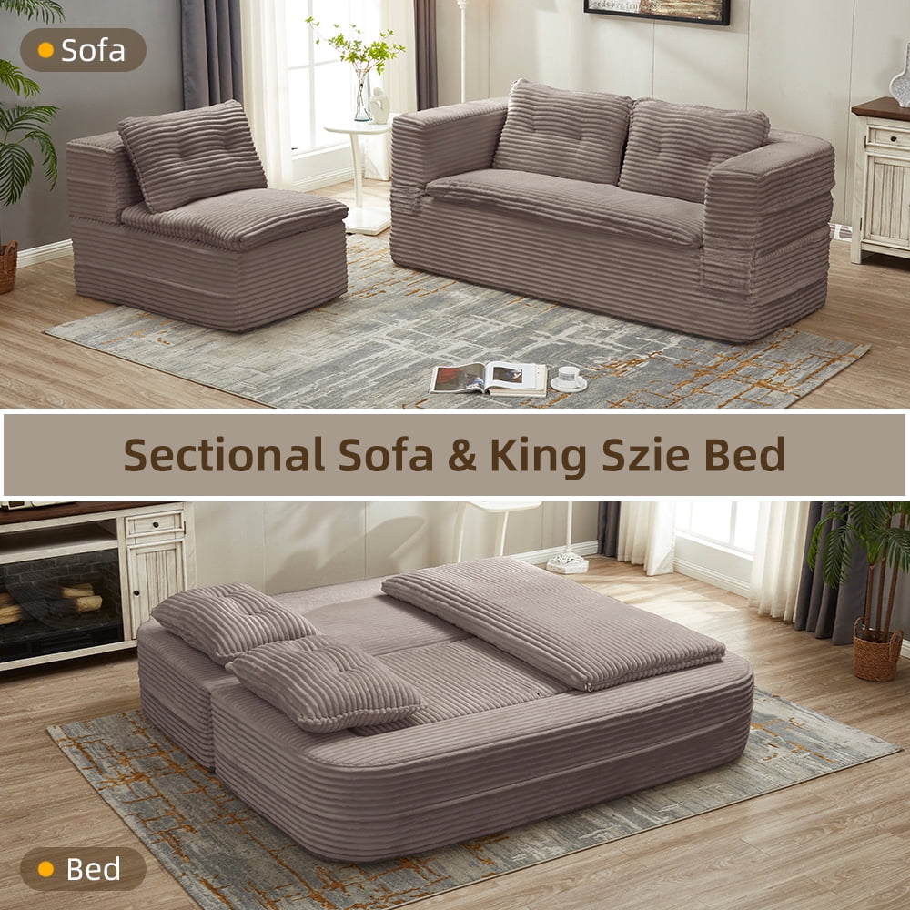 Anpport 80" King Size Convertible Sectional Sofa Bed, Plush Corduroy Deep Seat Couch with Chaise Lounge and Blanket, for Living Room Apartment, Coffee
