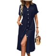 thumbnail image 2 of Women'S Solid Color Dress Summer Casual Short Sleeve Button V Neck Dresses Long Beach Shirt Dress with Pockets, 2 of 9