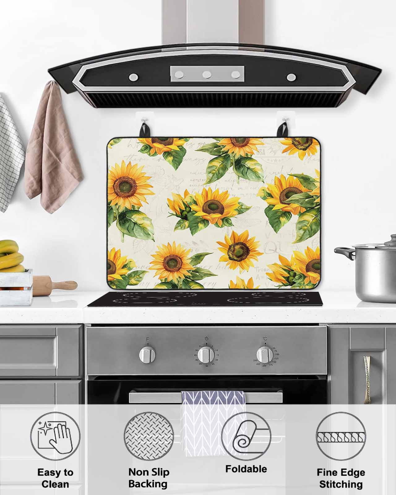 nqOlkjepod Large Induction Cooktop Protector Mat 36"x21", Sunflower Vintage Stove Top Covers for Electric Stove, Spring Summer Flowers Botanical Stove Burner Cover Mats, Glass Top Stove Cover
