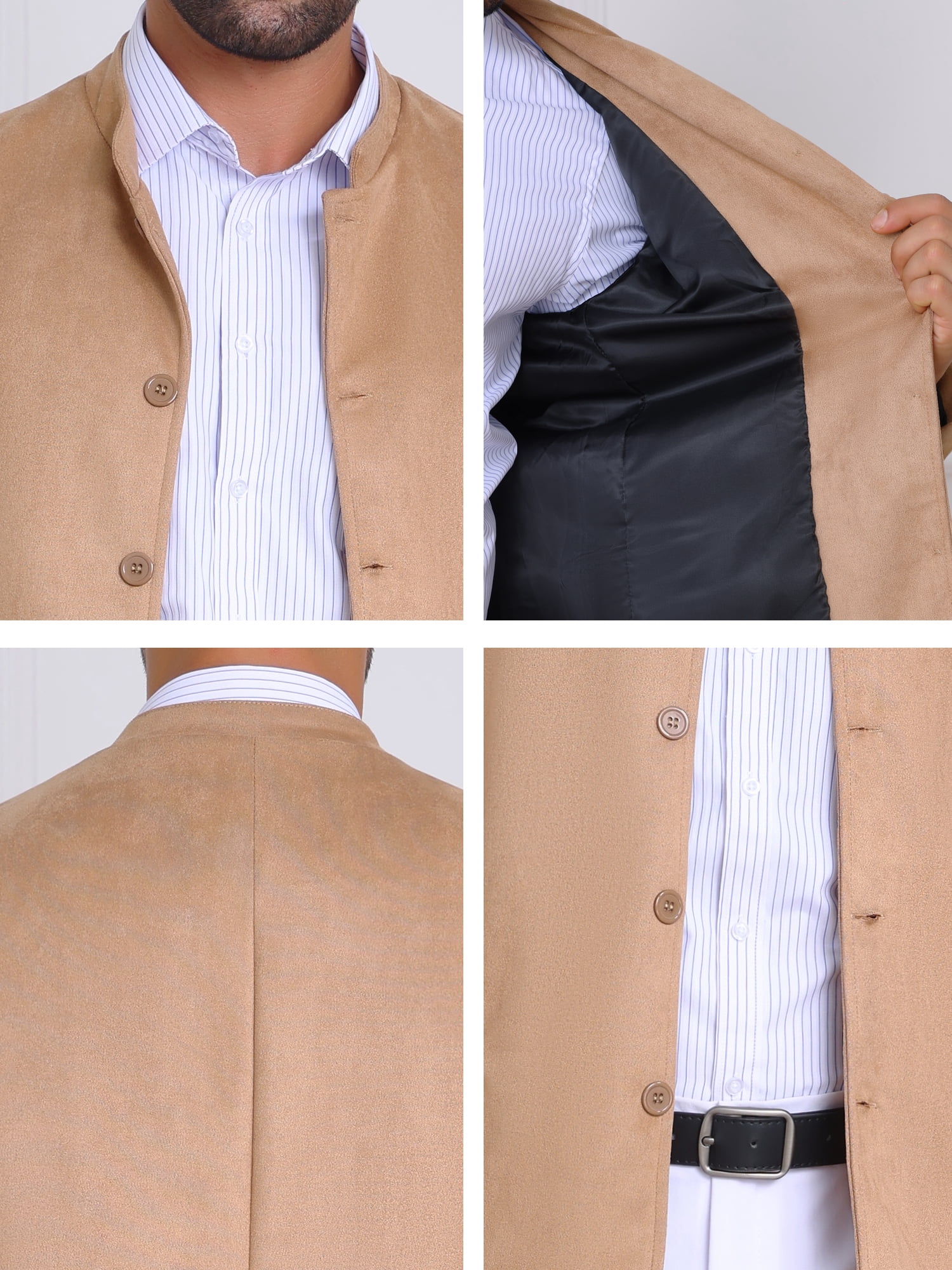 DARING DIVA Men's Suit Jacket Stand Collar Single Breasted Suede Blazer M Khaki