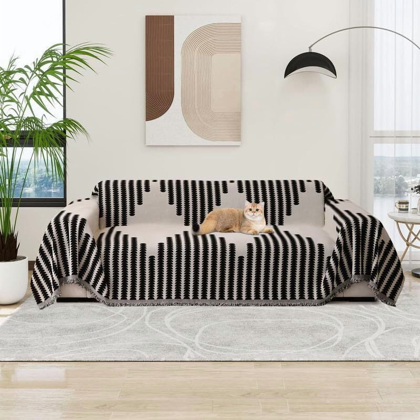 Eurhowing Boho Couch Cover for 4 Cushion Couch, Chenille Sofa Cover Blanket with a Pillowcase, Anti-Slip Tassel Sofa Slipcover for Pet, (71'' x 149'', Black)