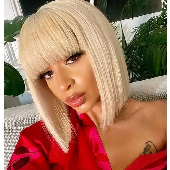 RightOn Blonde Wigs for Women 12Inches Short Blonde Bob Hair Wig with Bangs Natural Synthetic Wig with Wig Cap