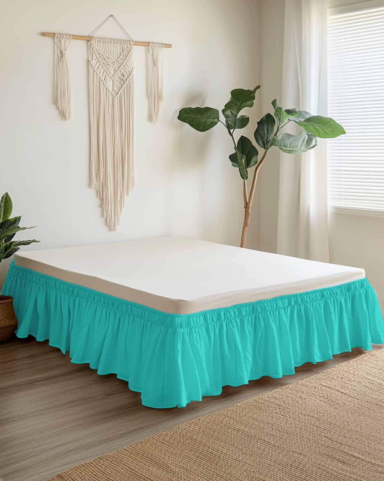 Turquoise Wrap Around Bed Skirts for Queen Bed 16" Drop, Bed Skirt with Adjustable Elastic Belt Dust Ruffle Bed Valance for Bedroom Hotel Luxury Modern Pure Turquoise Bed Frame Cover