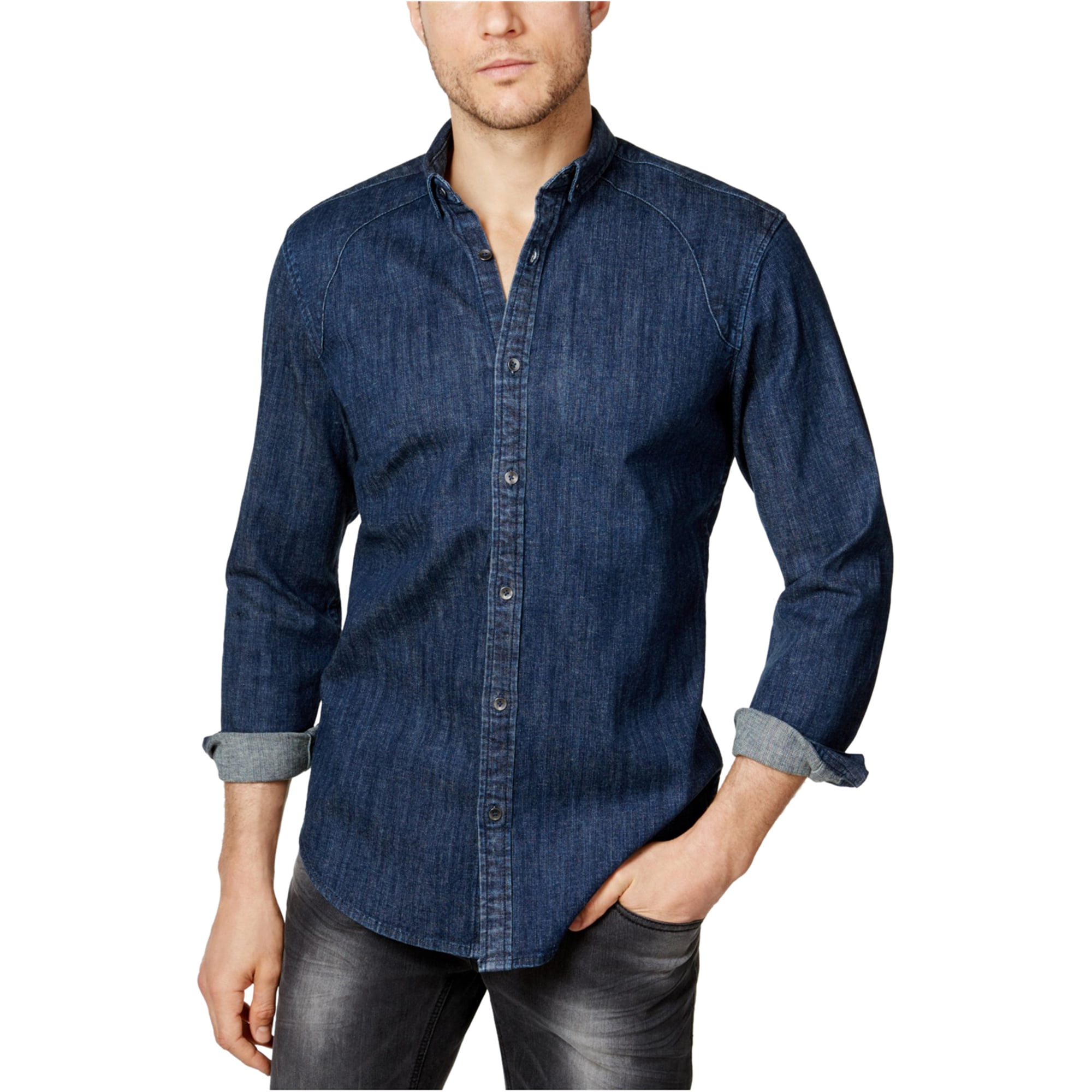 I-N-C Mens Denim Button Up Shirt, Blue, Small - Walmart.com