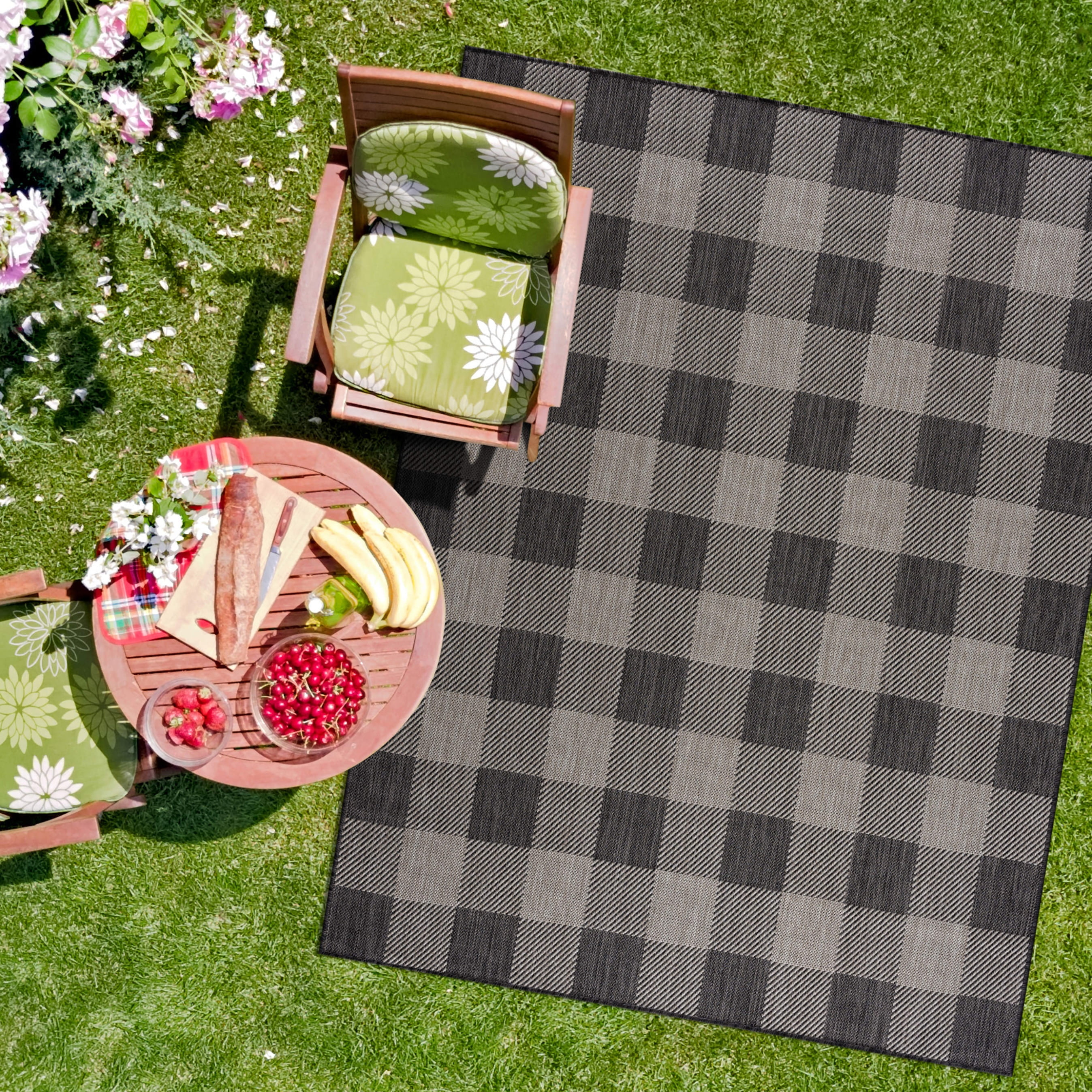 CAMILSON Buffalo Plaid Indoor Outdoor Rug, 8' x 10' Dark Grey Checkered ...