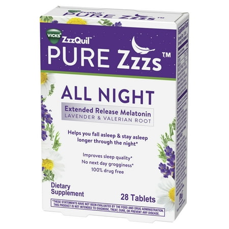 Vicks ZzzQuil Pure Zzzs All Night Extended Release Melatonin Tablets, Dietary Supplement, 28 Ct