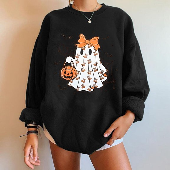 Womens Oversized Sweatshirts Vintage Halloween Ghost Bow Pumpkin Graphic Crew Neck Long Sleeve Pullover Streetwear Party Top Fall Winter Oversized Sweatshirts Black L