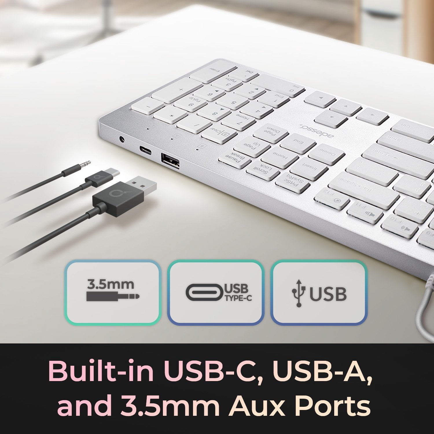 Adesso EasyTouch 730 - USB C Multi-OS Scissor Switch Keyboard with Copilot AI Hotkey, Type C Keyboard with Hub, Built-in USB-A/C Ports and 3.5mm Aux - Quiet, Slim Design AKB-730UW