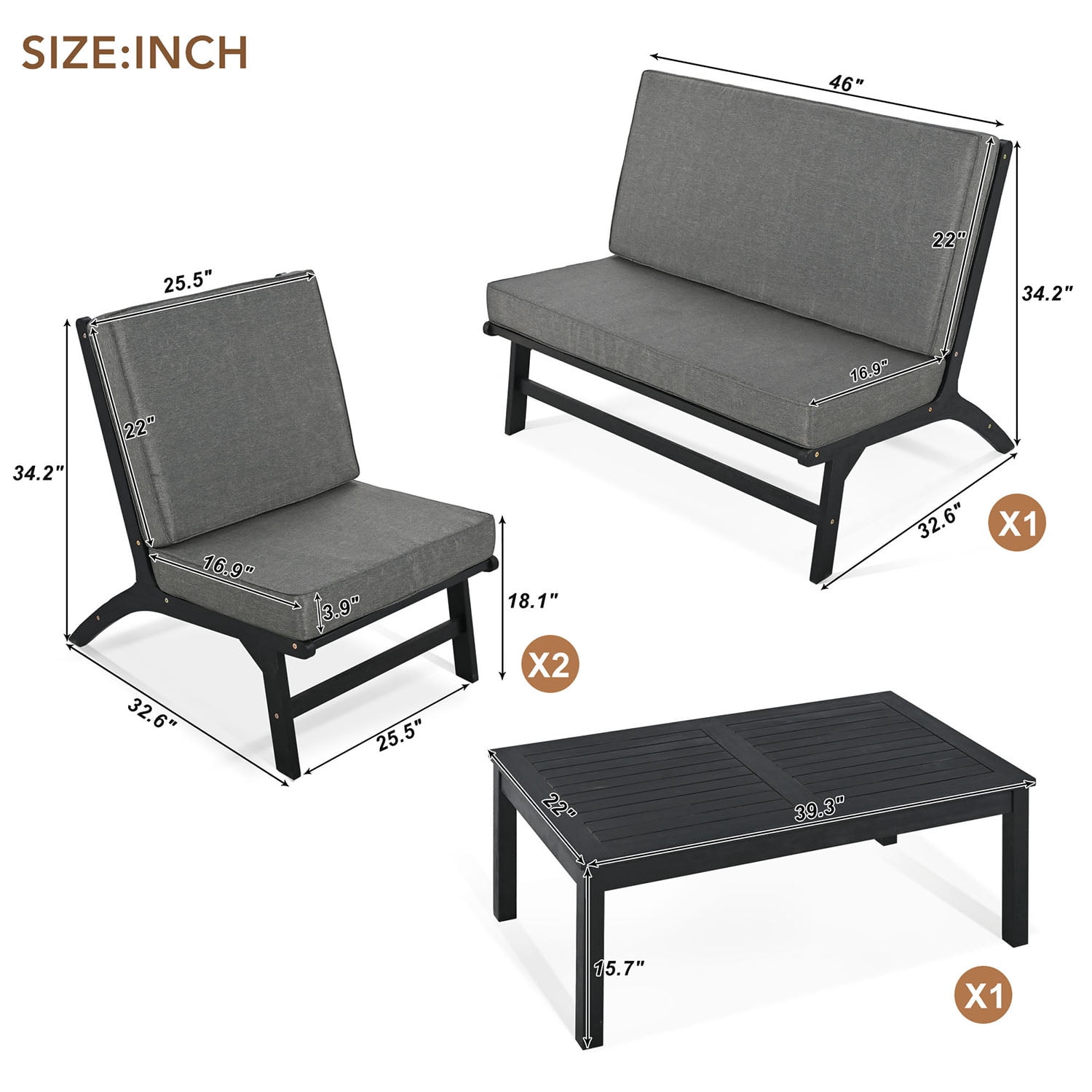 Kadyn 4-Piece V-shaped Seats Set, 2 Single Chairs,1 Rectangular Table,Double Chair, Solid Wood Outdoor Sofa for Garden, Black+ Gray