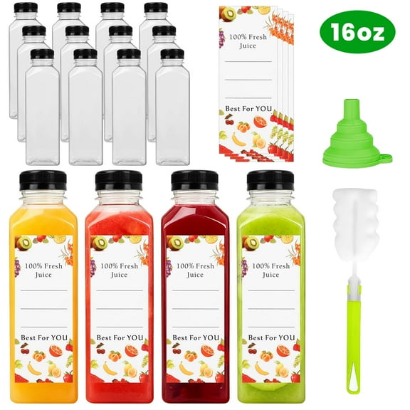 Xueyu 16oz 12 Pack Plastic Juice Bottles with Caps, Brush, Funnel and Labels, Reusable Juicing Bottles for Smoothie, Drinking and Other Beverages