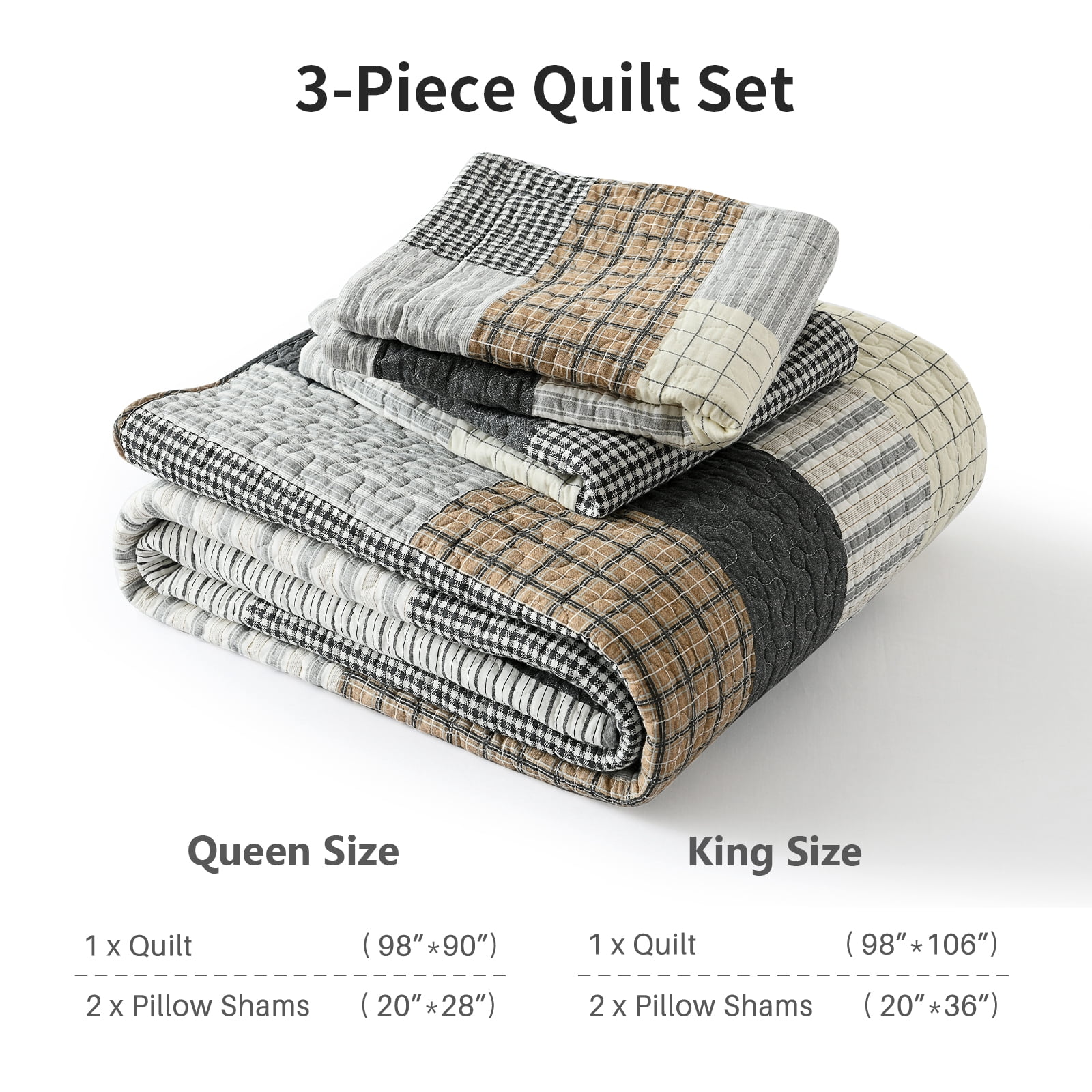 DDUOXIN Farmhouse Cotton Quilt for King Bed - 100% Cotton Gray Brown Patchwork Plaid Striped King Size Quilt Bedspread, Neutral Lightweight Reversible All Season Coverlet/Comforter Set, 3 Piece