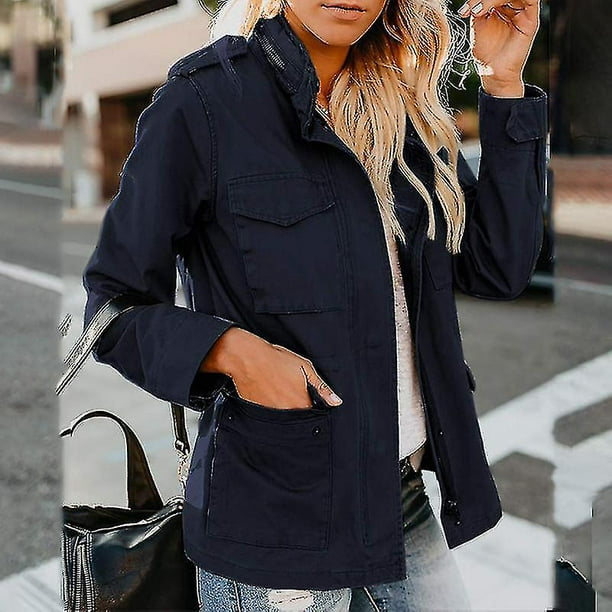 Ladies Snap Buttons Military Jacket Streetwear Fall Coat Long